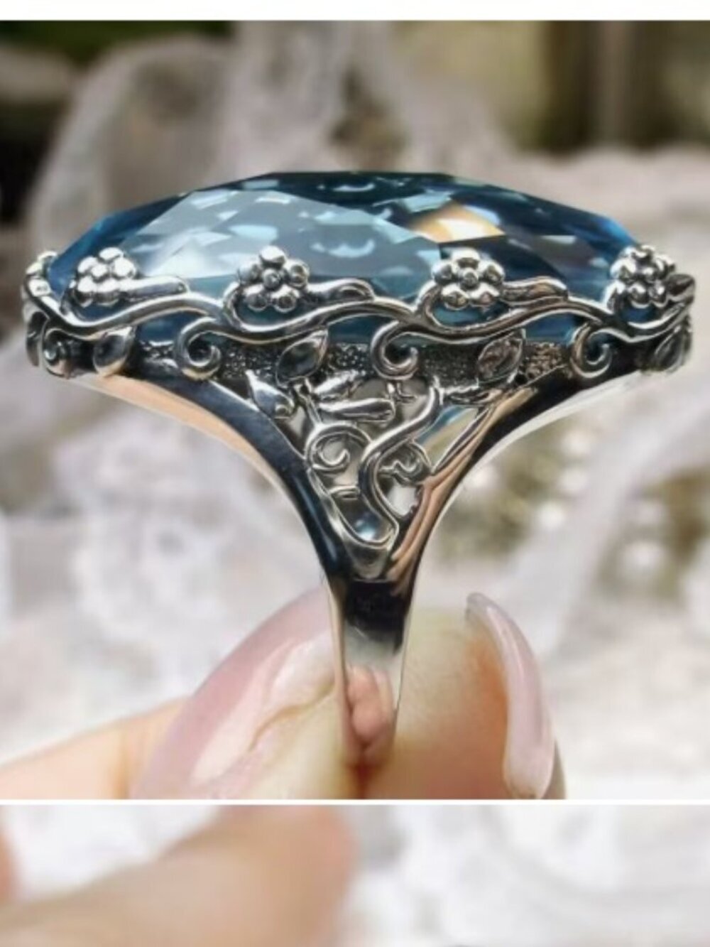 White K Plated CZ Ring Carved Hollowed Out Texture Finger Ring Blue Color Size 8